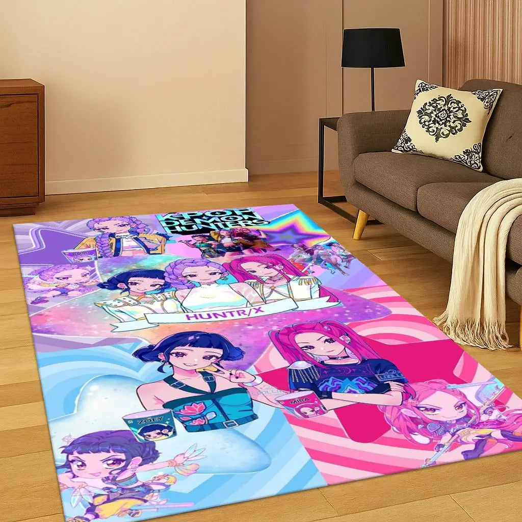 Kpop Demon Hunters Rumi Mira Zoey Music Cartoon Carpet Rug for Bedroom Living Room Sofa Home Decor,Non-slip Floor Mat Gift