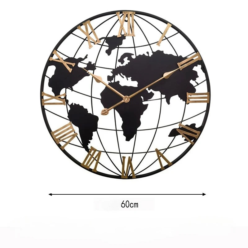 Round Silent Non-Ticking Battery Operated Wall Clocks 60/75/90cm Large Map Wall Clock Metal Minimalist Clock for Living Room