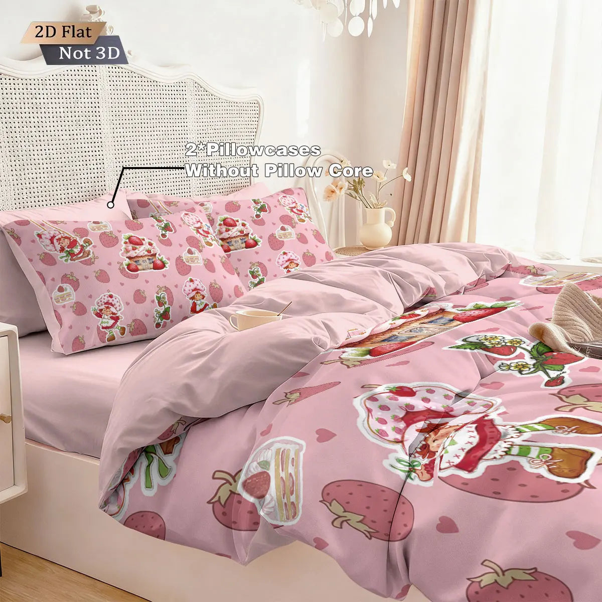 3pcs Pink Strawberry Girl Printed Down Duvet Cover Set, Multi Size Bedroom Bedding Decoration, Machine Washable