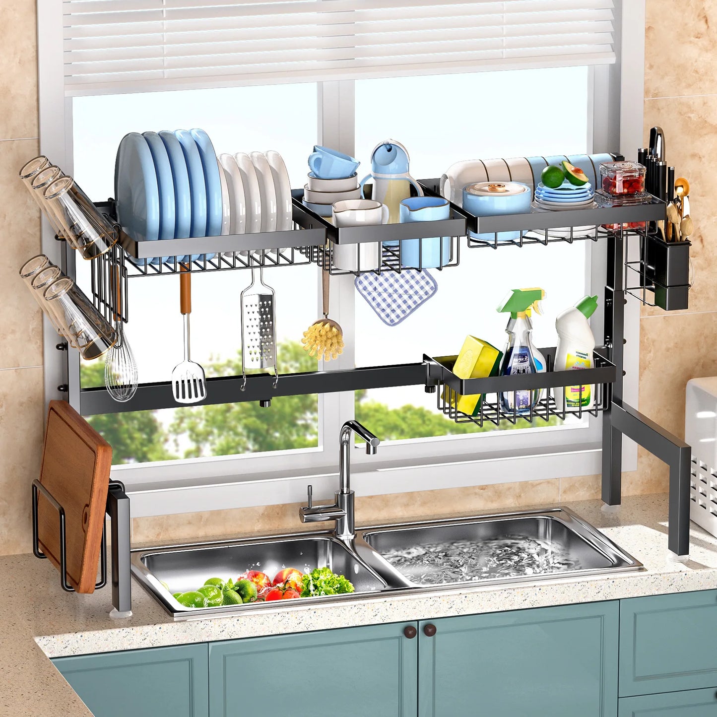 Over-the-Sink Dish Drying Rack – Expandable 2-Tier Stainless steel design with utensil holder. Space-saving, durable, and perfect for organized kitchen drying.