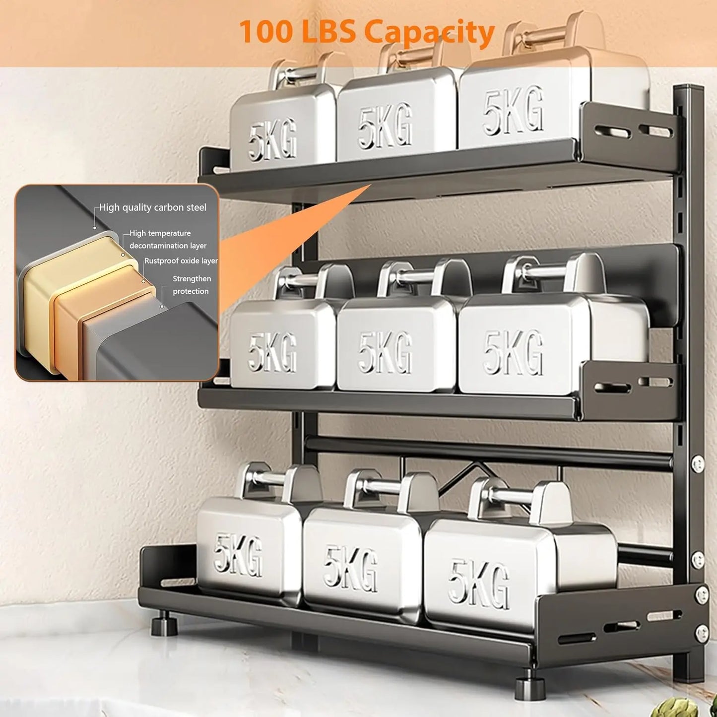 3-Tier Spice Rack – Adjustable Kitchen Organizer Sturdy metal shelf in sleek black design. Perfect for countertops or cabinets to keep spices neat and accessible.