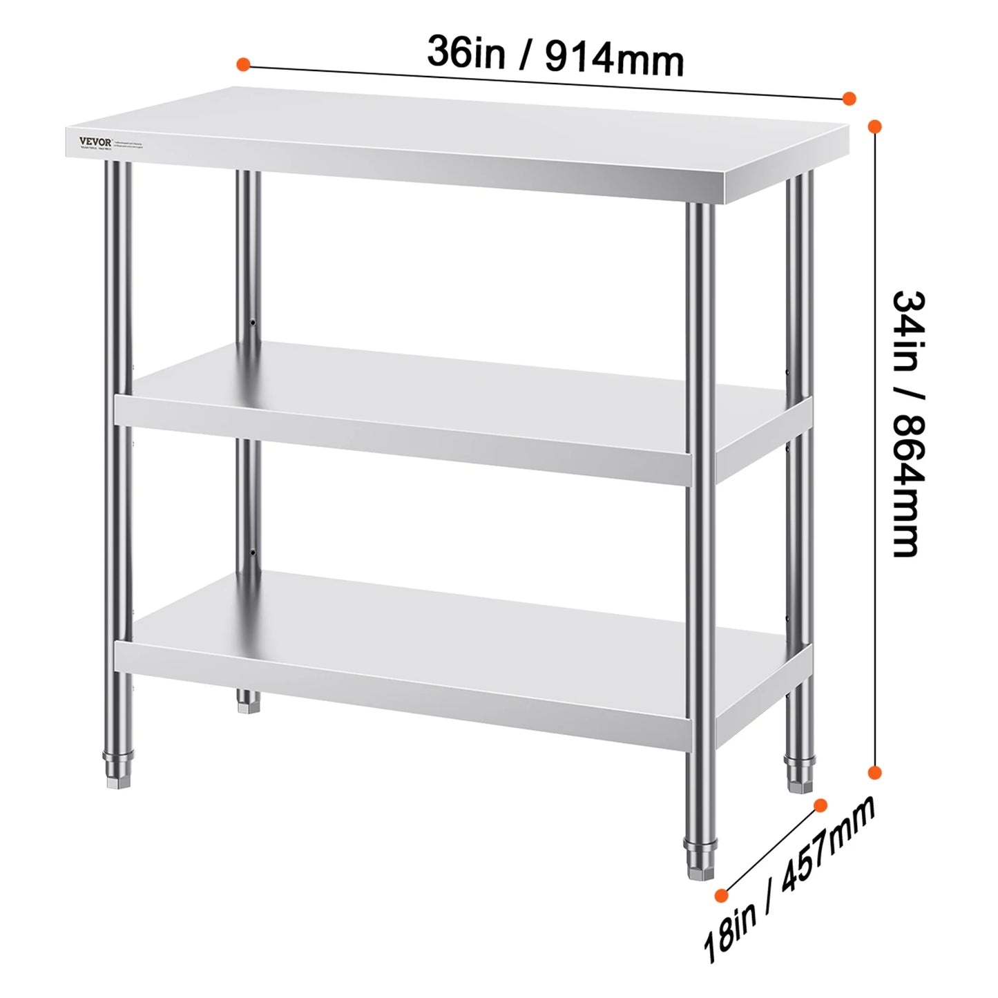SucceBuy Stainless Steel Food Prep Table Commercial Kitchen Worktable with 2 Adjustable Undershelf for BBQ Kitchen Home Garage