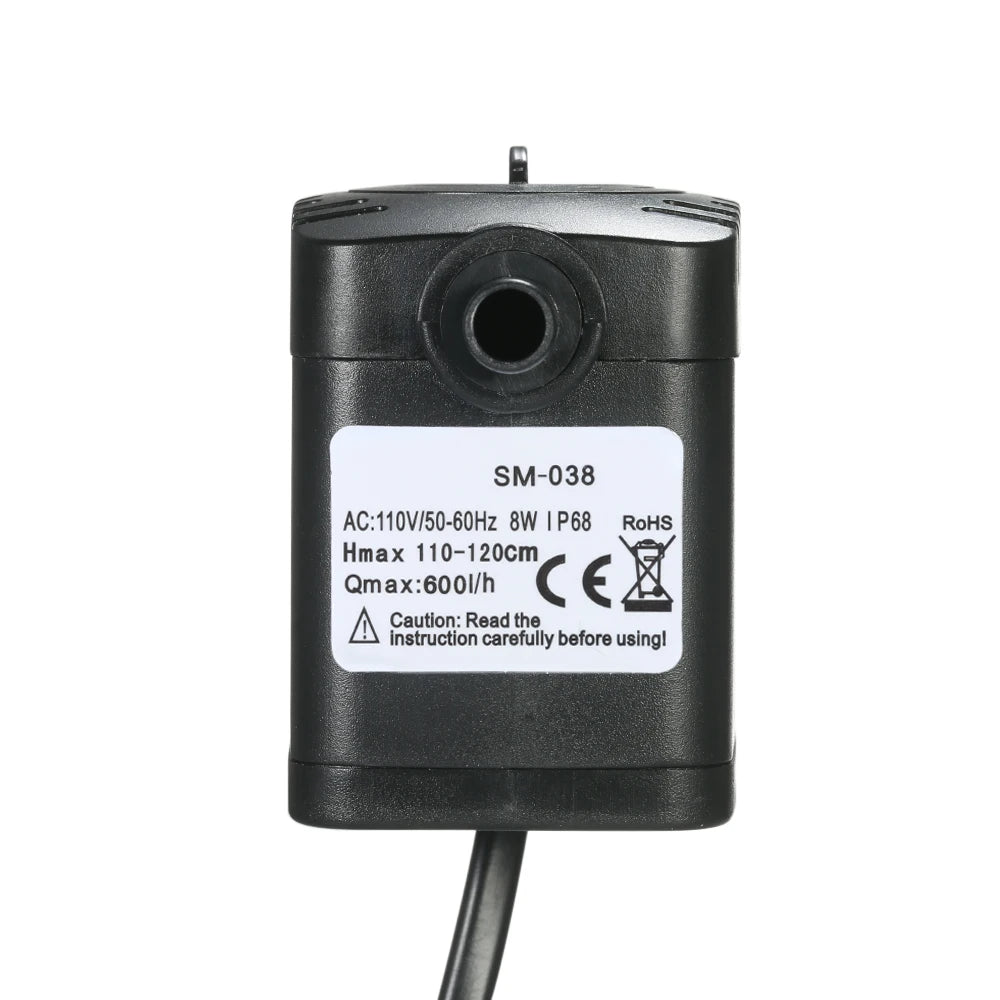 600L/H 8W Submersible Pond Water Pump for Aquarium Tabletop Fountains Pond Water Gardens and Hydroponic Systems with 2 Nozzles
