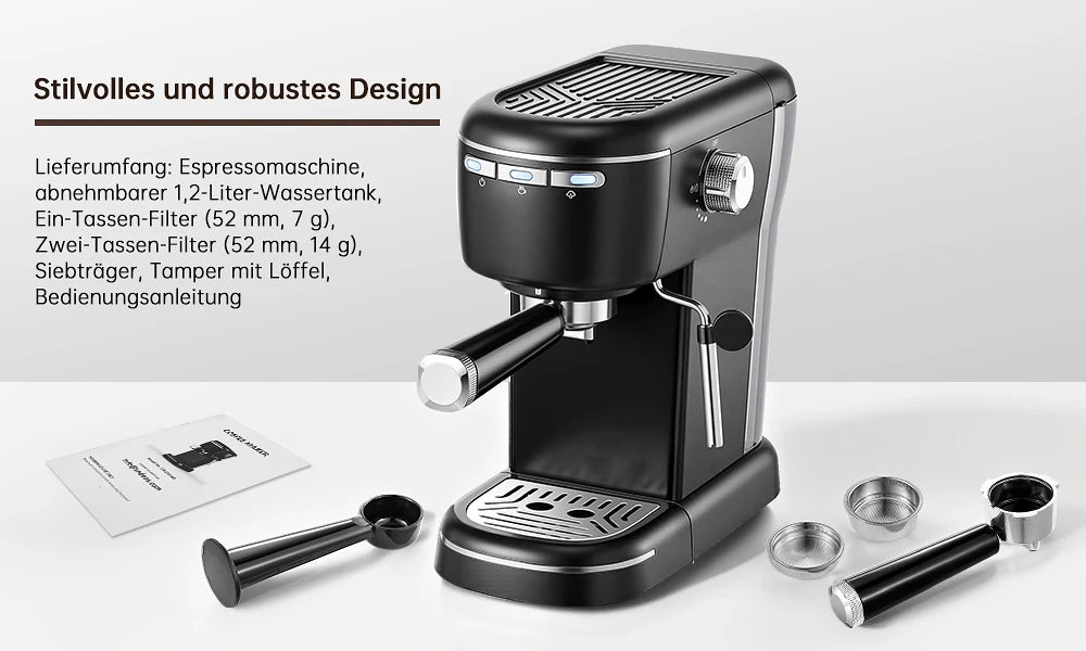 15 Bar 1.2L Removable Tank, Compact Cappuccino/Latte Maker, Stainless Steel, 1100W, Black Espresso Coffee Maker Machine