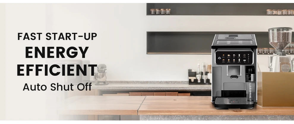 AM7203 Automatic Espresso Machine Features built-in milk frother and water tank, touchscreen control, and 7 coffee varieties. Perfect for easy, café-style drinks at home.