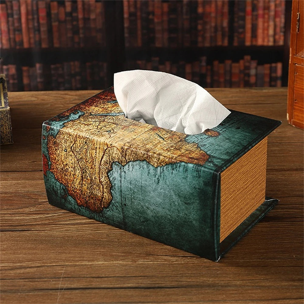 Retro European Simulation Book Tissue Box Wooden Coffee Table Napkin Storage Box Living Room Decoration Leather Tissue Organizer