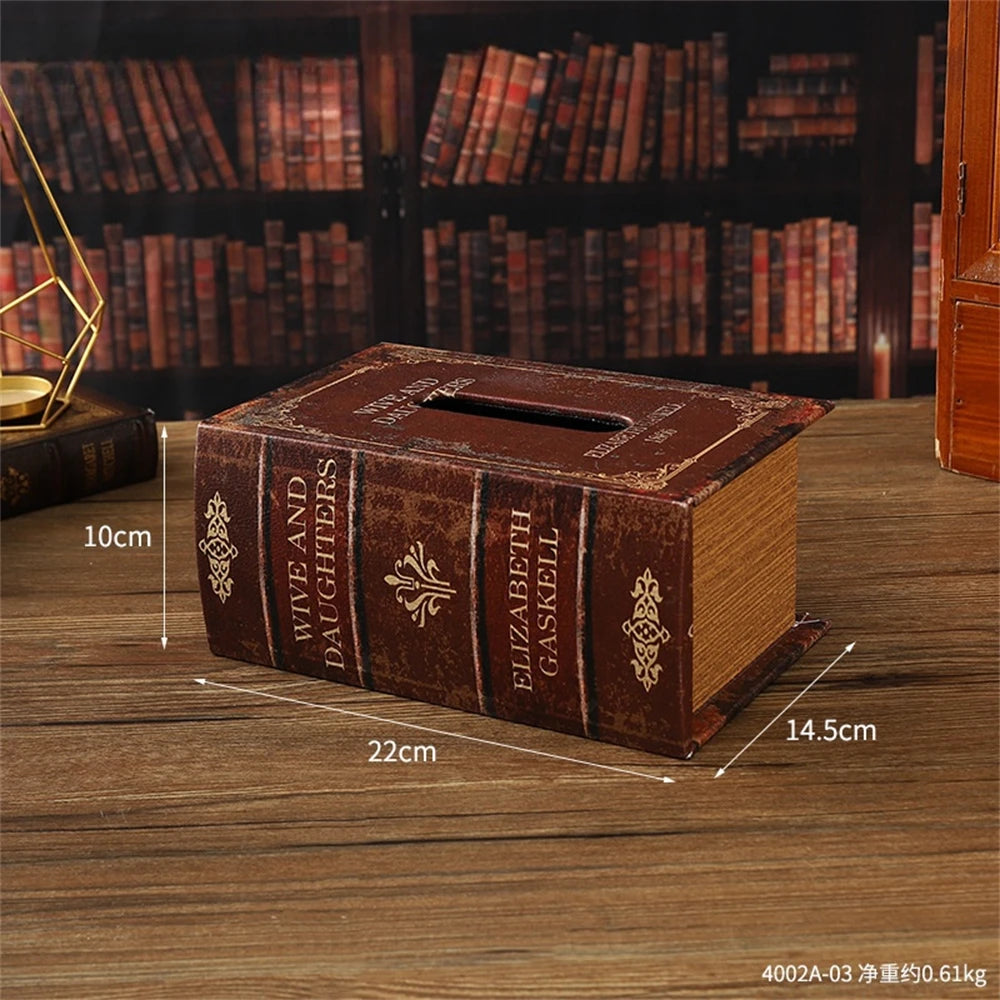 Retro European Simulation Book Tissue Box Wooden Coffee Table Napkin Storage Box Living Room Decoration Leather Tissue Organizer