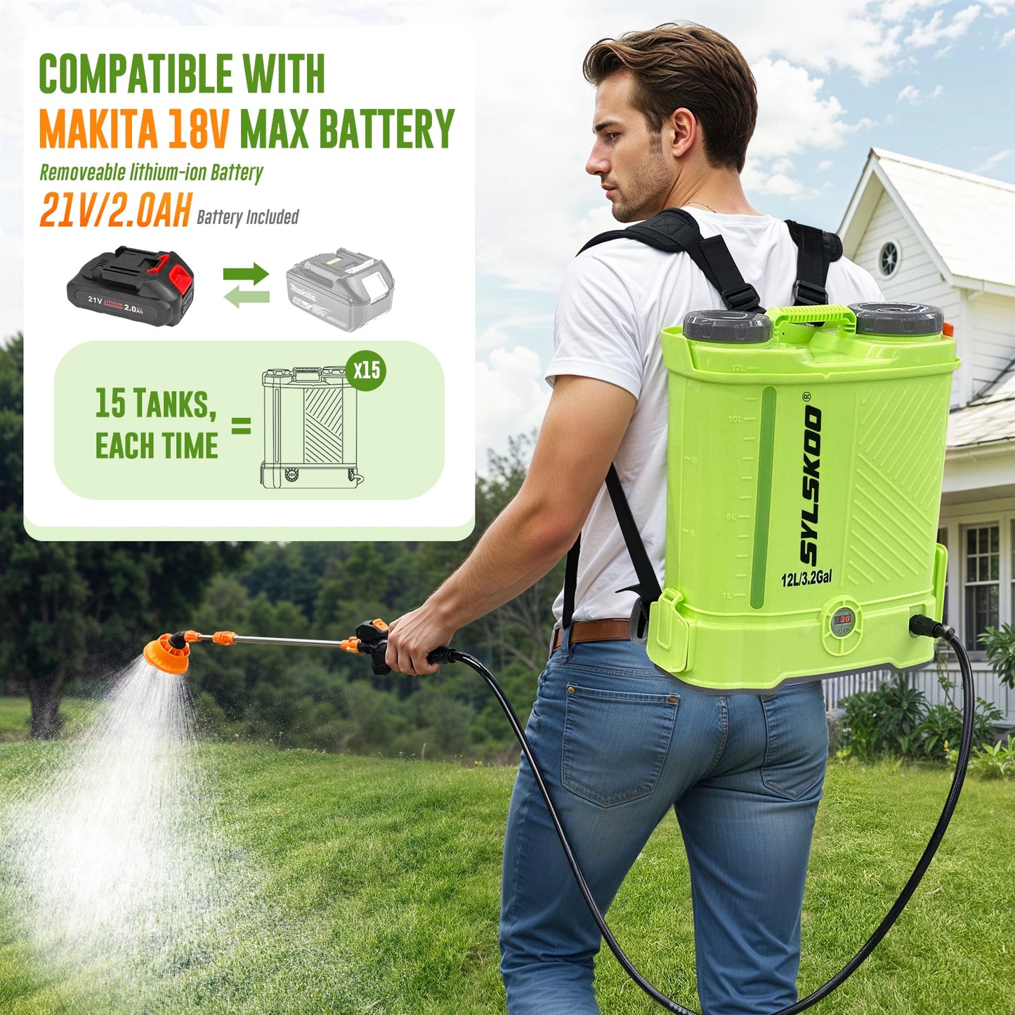 3.2 Gallon Backpack Electric Sprayer 80 PSI Battery-powered garden sprayer compatible with 18V batteries. Perfect for lawn care, weed control, and easy outdoor spraying.