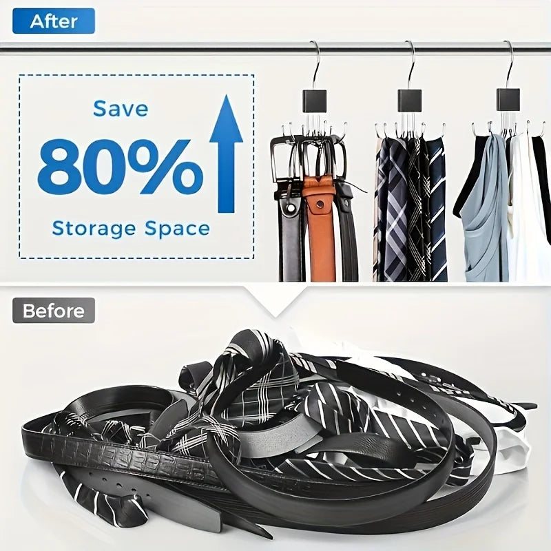 Rotating Wooden Metal Belt Hanger Multi-Functional Closet Organizer for Belts Bras Ties and Scarves with Stainless Steel Hooks