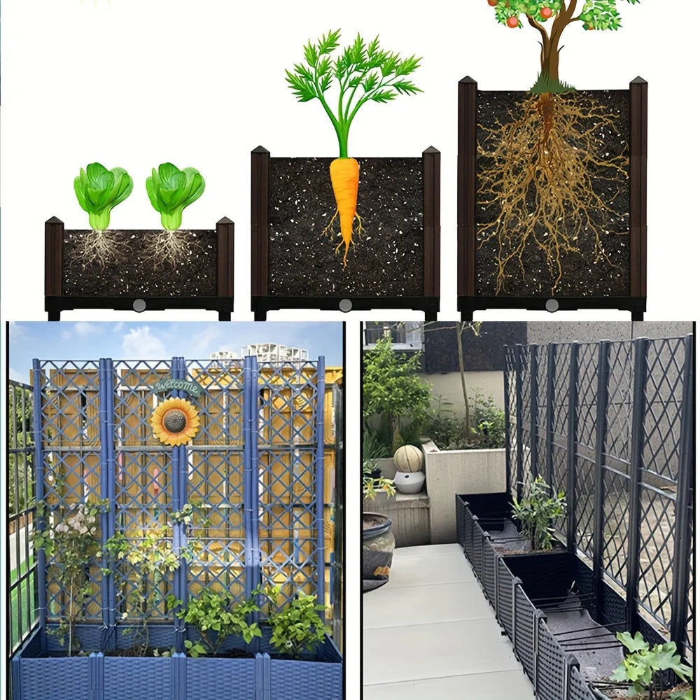 Vine woven brown checkered garden bed - movable large flower box - with supporting climbing plant poles - planting vegetables