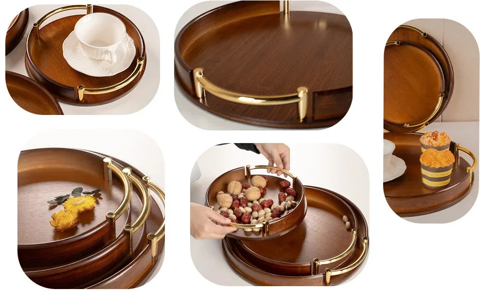 Light luxury and simple home kitchen round bamboo tray Home restaurant tea set small tray portable fruit snack tray