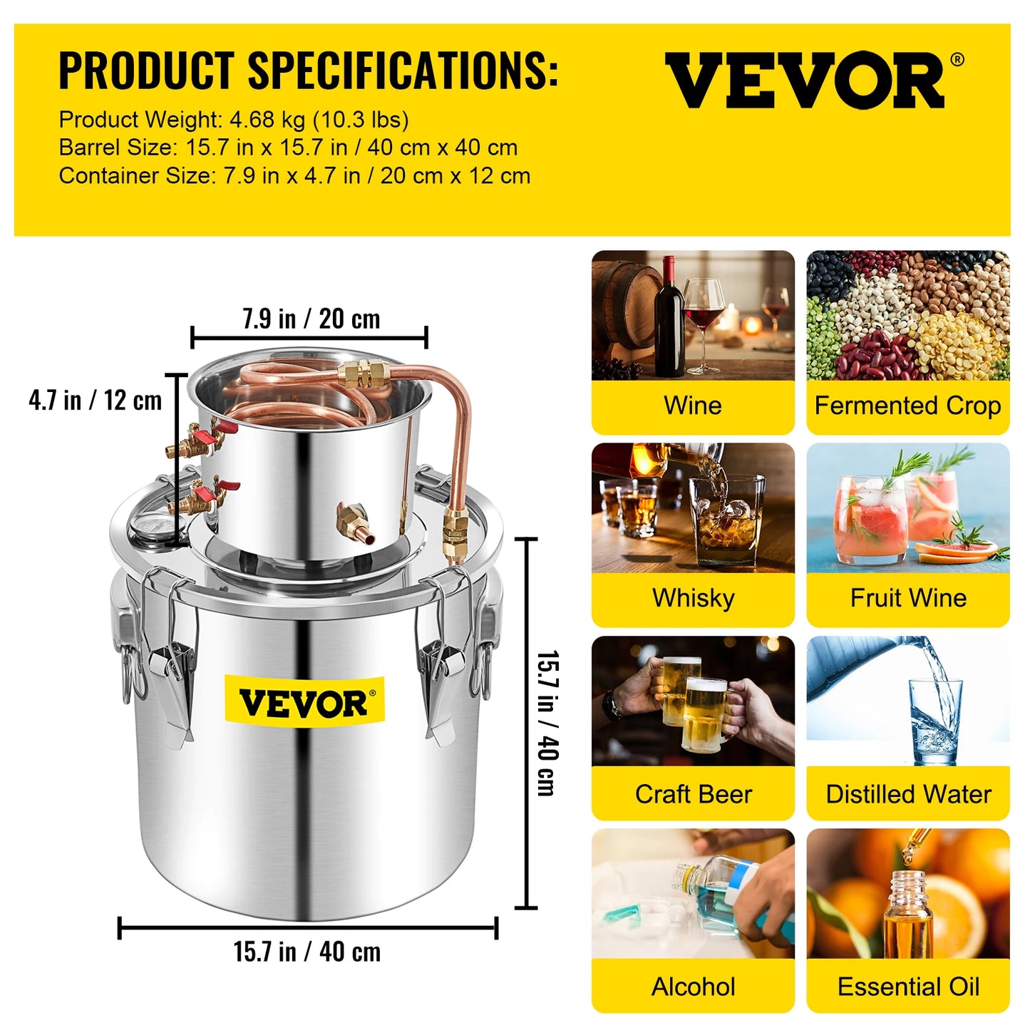 SuceBuy 50L Moonshine Still Alcohol Distiller w/ Water Pump Stainless Copper DIY Brew Ethanol Wine Essential Oil Brewing Kit
