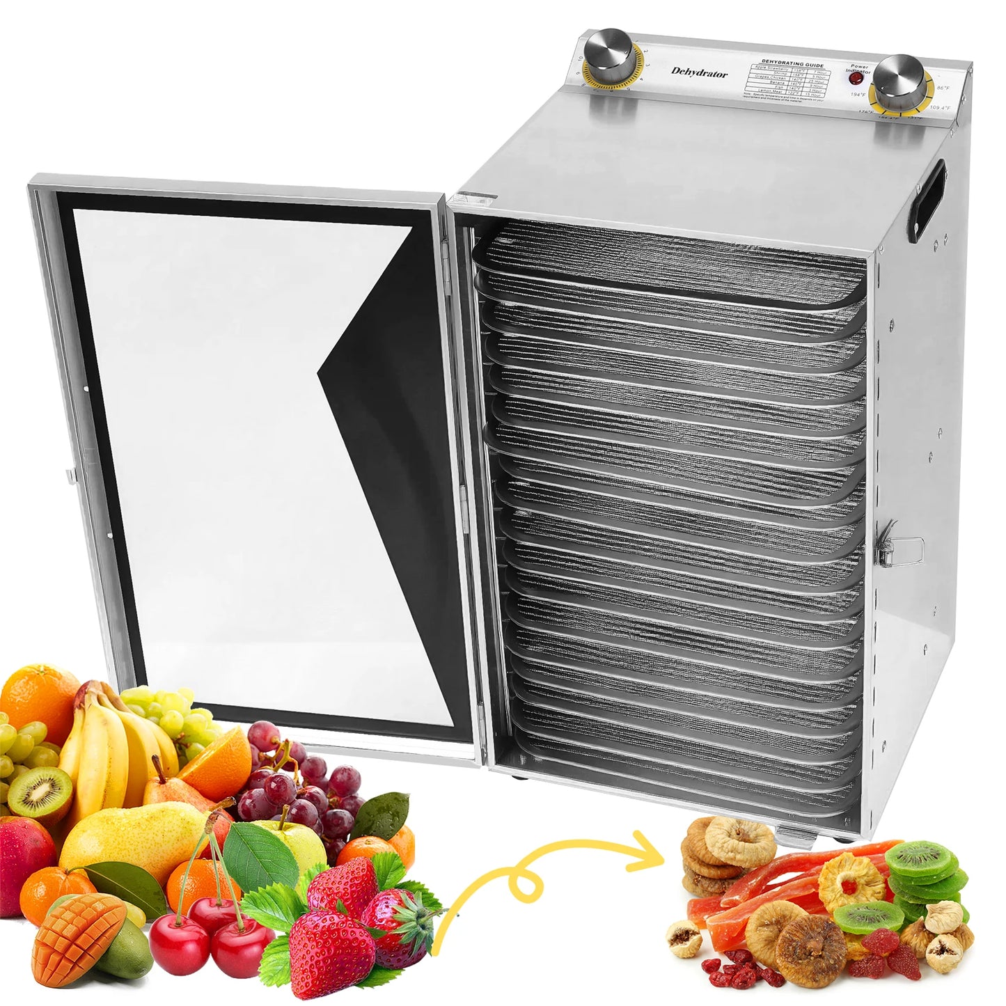 800W Food Dried Fruit Machine with 18 Stainless Steel Trays Temperature Control Dehydrator for Jerky Dog Treats Meats & Veggies