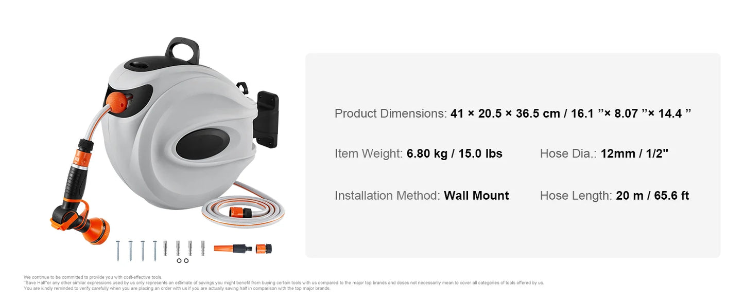 SucceBuy Retractable Hose Reel1/2 inch 180° Swivel Bracket Wall-Mounted Garden Water Hose Reel with 9-Pattern Nozzle and 3 Fast