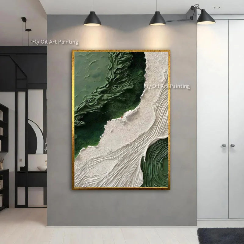 Simple Design Hand Drawn Brown And White Abstract Seawaves Thick Oil Painting On Canvas Green Beige Waves Wall Art For Decor