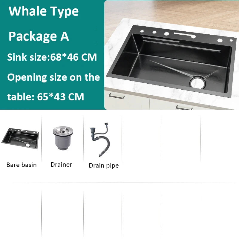 kitchen multifonction sink set whale waterfall faucet 50L large capacity tank size 68x46cm cabinet storage home appliance