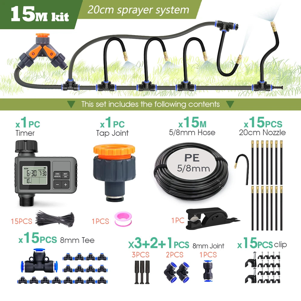 Garden Programmable Timer Misting Cooling System 360° Free-bend Misting Nozzle Adjustable Atomizer Sprayer Outdoor Watering Kits