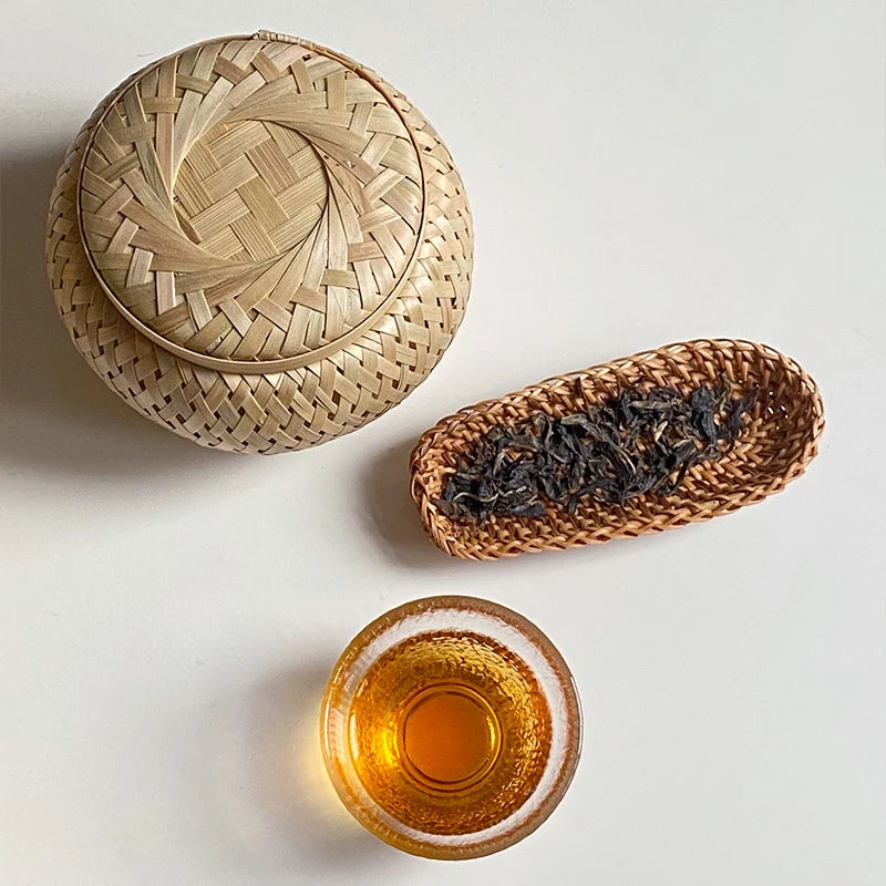 Bamboo Storage Basket With Lid Double Layer Handmade Woven Tea Basket Tabletop Storage Box for Tea Fruit Dried Fruit Snack Food