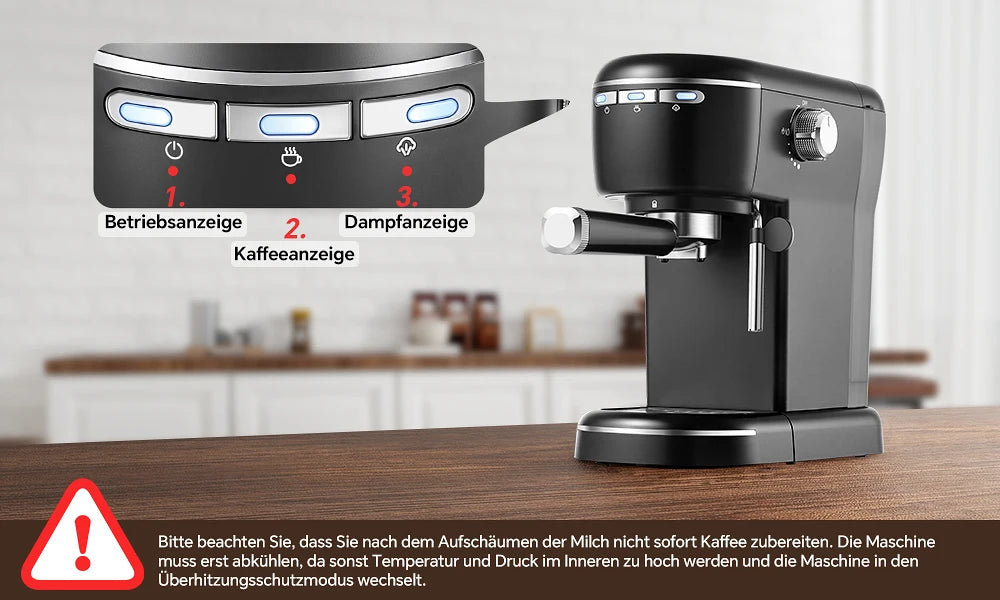 15 Bar 1.2L Removable Tank, Compact Cappuccino/Latte Maker, Stainless Steel, 1100W, Black Espresso Coffee Maker Machine