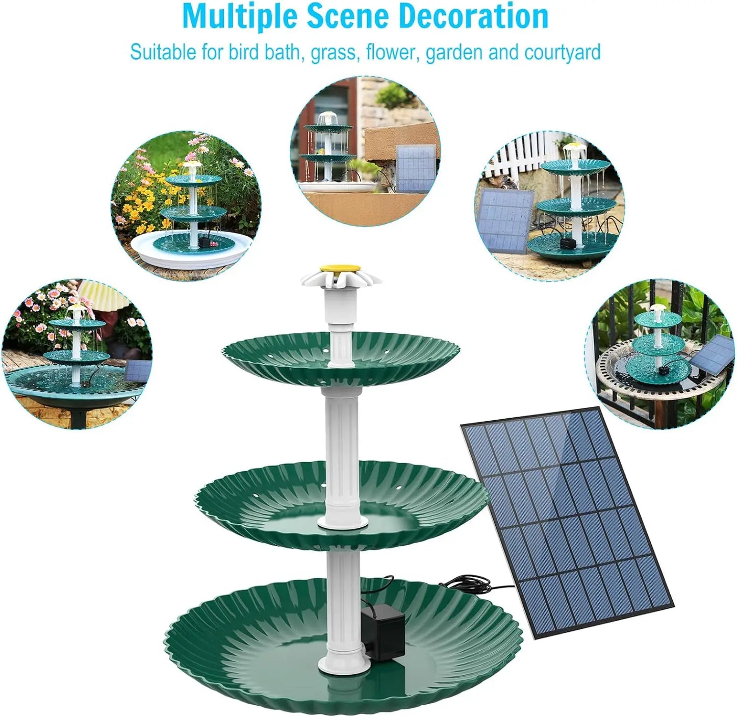 3-Tier Solar Bird Bath Fountain 3.5W solar pump, detachable 3-tier design. Attracts birds with flowing water – no wiring needed. Perfect garden & patio decor.