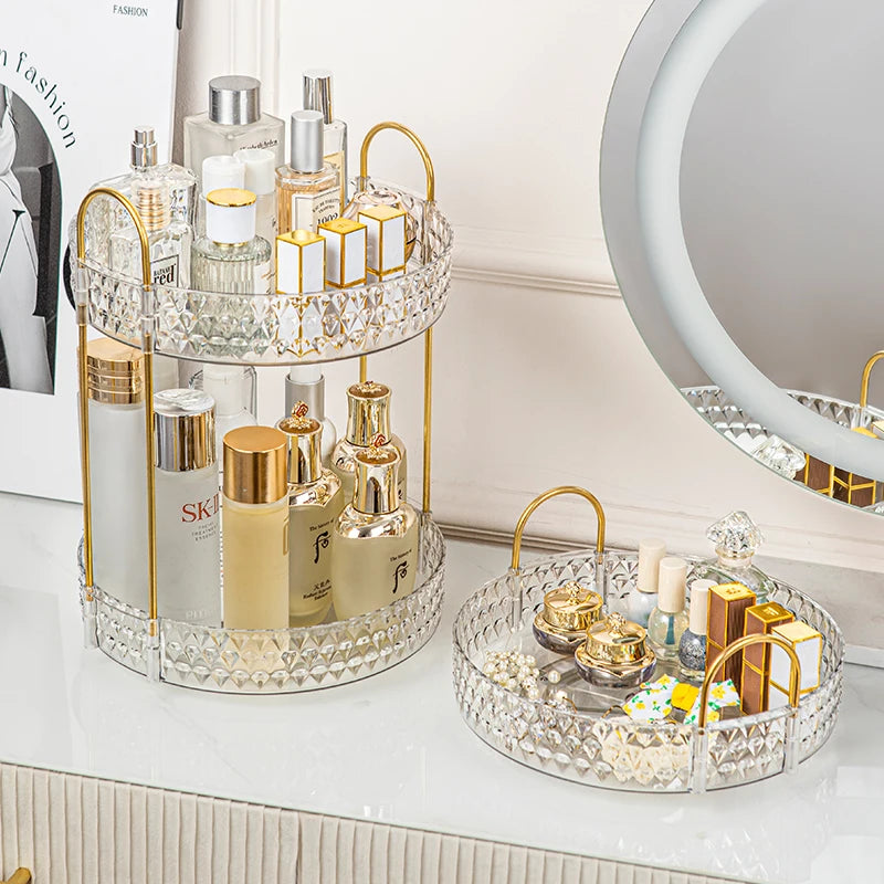 360° Rotating Cosmetic Organizer – 3-Tier Design Transparent diamond pattern rack with smooth rotation. Stylish, space-saving storage for bathroom or vanity essentials.