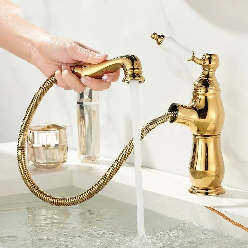 Pull-Out Ceramic Handle Basin Faucet Brass pull-out mixer tap with ceramic handles. Smooth operation, modern design, easy to clean.
Perfect for bathroom sinks, washbasins, or vanities.