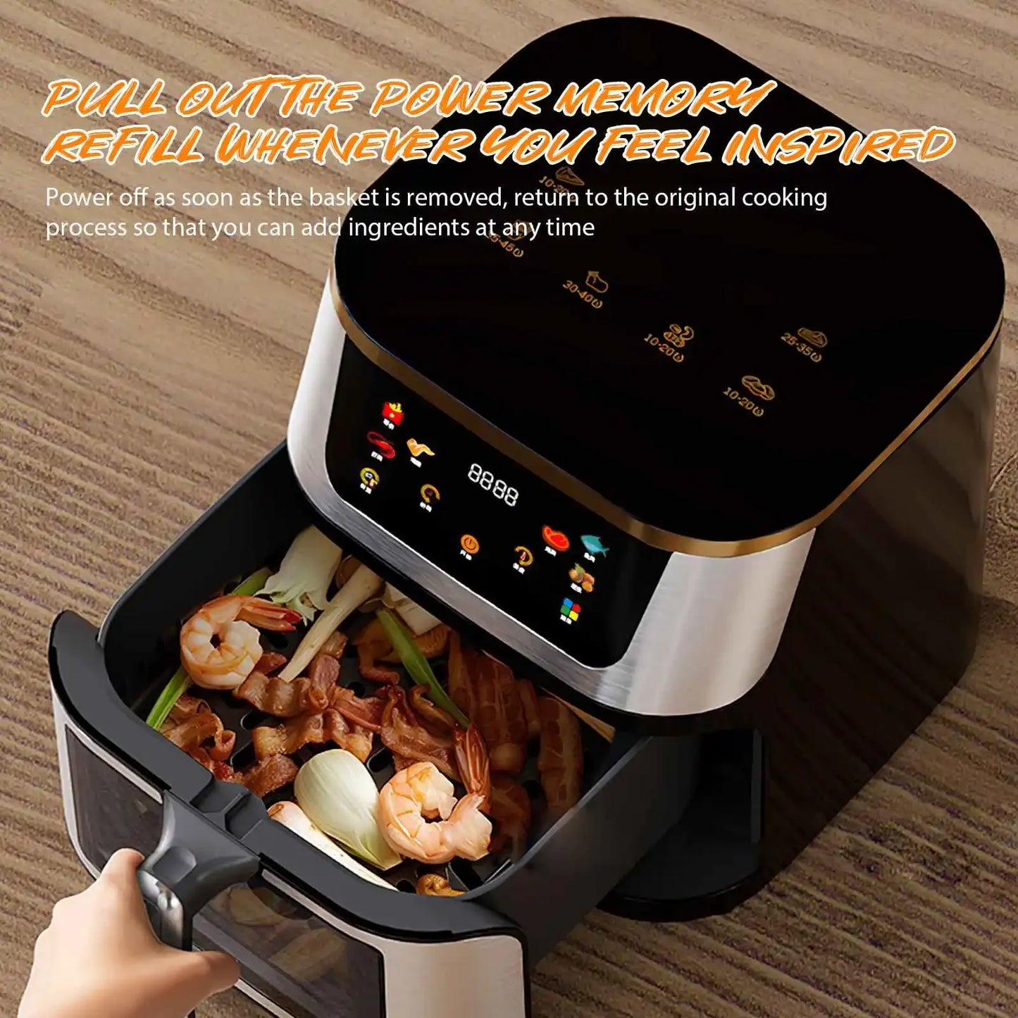8L Stainless Steel Visible Large Capacity Electric Air Fryer, Multi-function Air Oven, LED Touch Screen,210 ° High Temperature