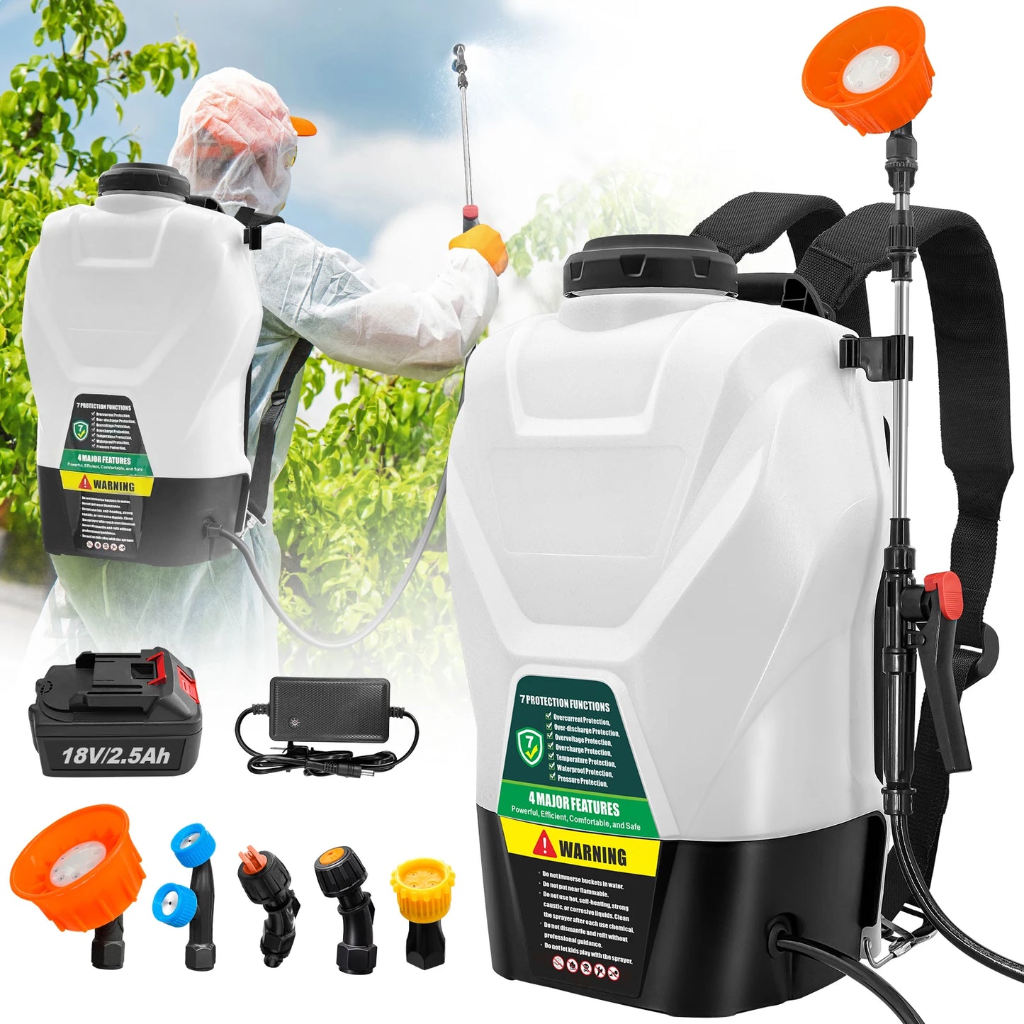 4-Gallon Battery-Powered Backpack Sprayer 16L capacity, 75 PSI electric pump. Includes 2.5Ah battery + charger. Lightweight, powerful for gardens, lawns, weeds, or pest control.