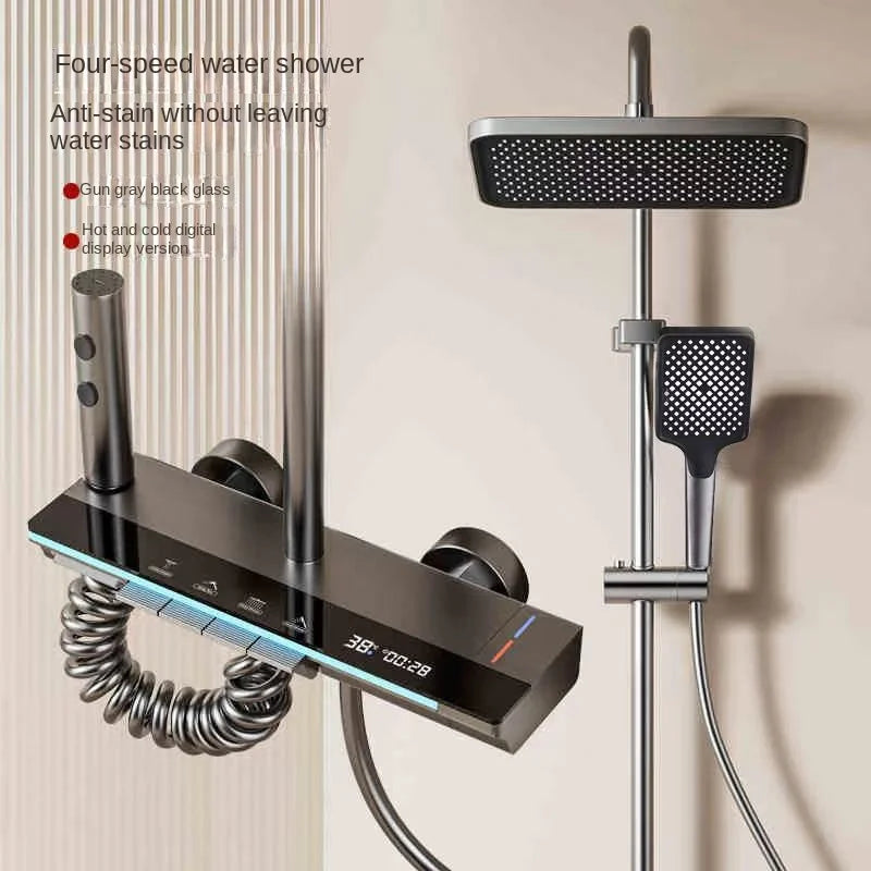 Space aluminum digital display shower head set, bathroom bathroom, shower, pressurized and thickened all copper shower
