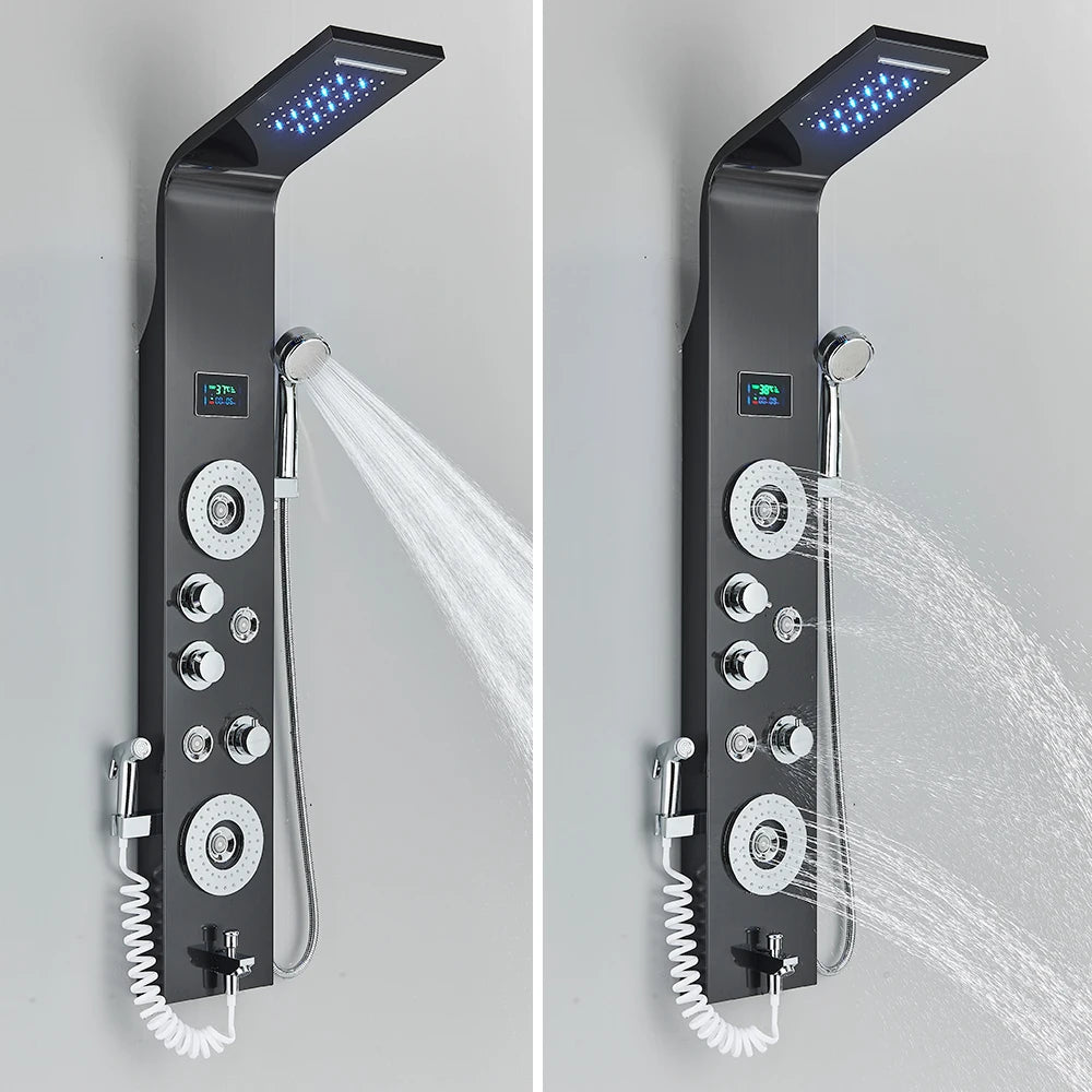 Black Bathroom Shower Panel SPA Massage Jet Shower Column LED Display Stainless Steel Shower System