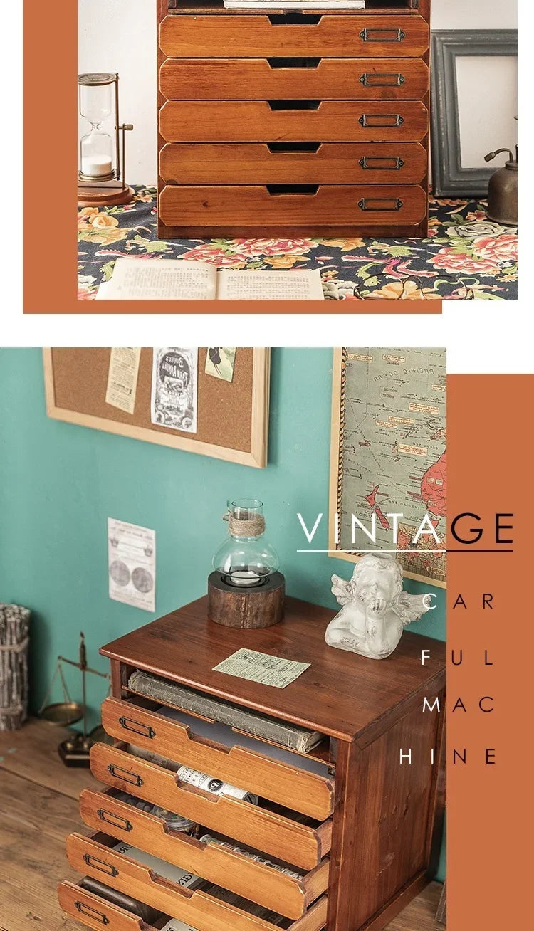 Retro Wooden File Storage Box Office Jewelry Box A4 File Drawers Desktop Sorting Cabinet For Dressing Table Functional Organizer