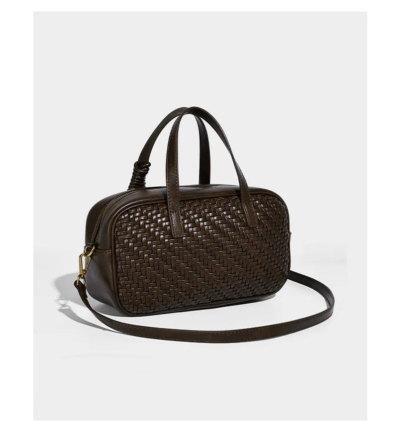 Women's Boston Bag 2025 Fall Winter New Woven Bowling Bag Unique Design Handheld Pack Trendy Light Luxury PU Leather Handbag