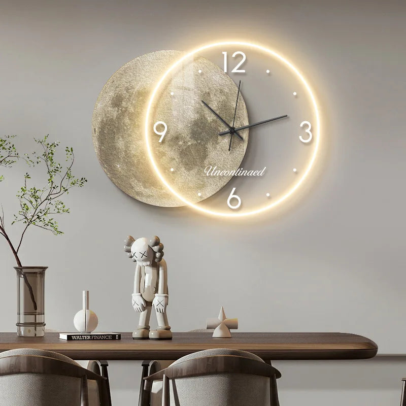 Adhesive Moon Wall Clock with LED Light No Drill Silent Modern Night Light for Living Room Dorm Kitchen Decoration