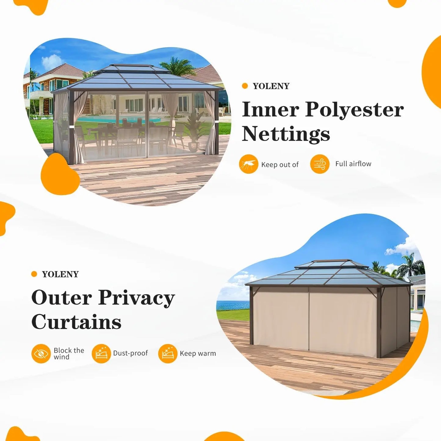 10'x13' Hardtop Gazebo, Outdoor Polycarbonate Double Roof Canopy, Aluminum Frame Permanent Pavilion with Curtains and Netting