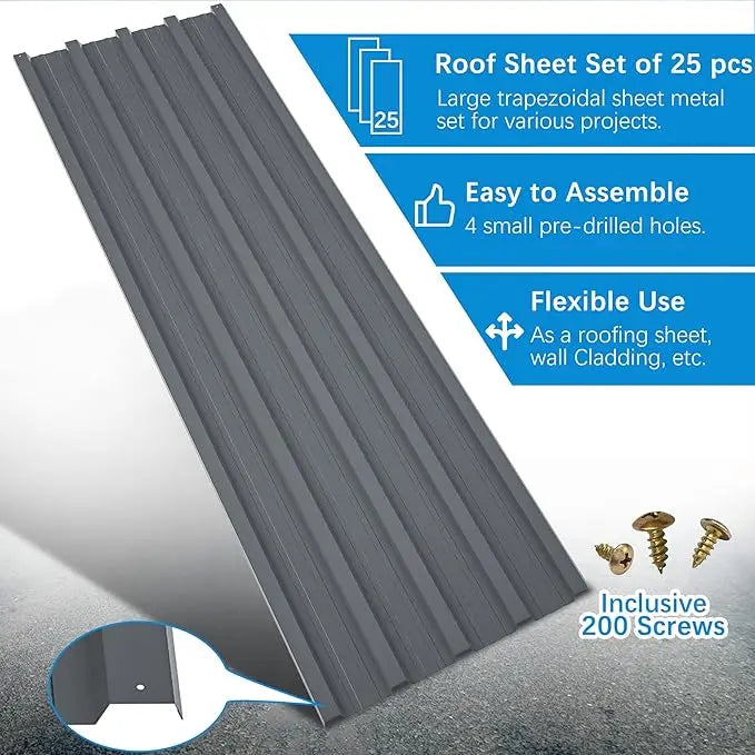 Galvanized Steel Roof Panels, L60.63"×W16.77" Heavy Duty Roofing Panel, Roof Protector for Garages, Sheds, (25PCS, 176.5 ft²)