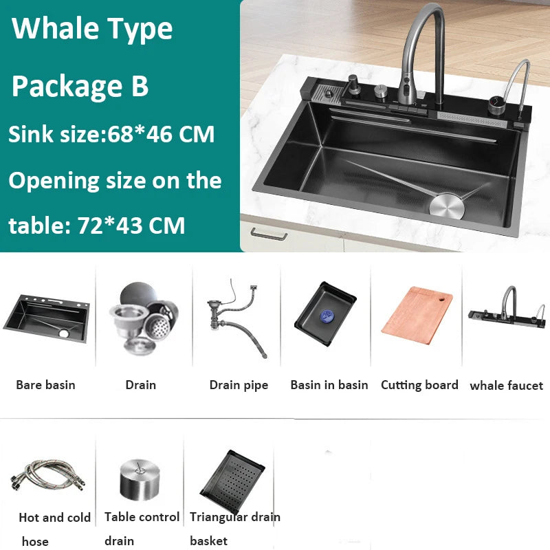 kitchen multifonction sink set whale waterfall faucet 50L large capacity tank size 68x46cm cabinet storage home appliance