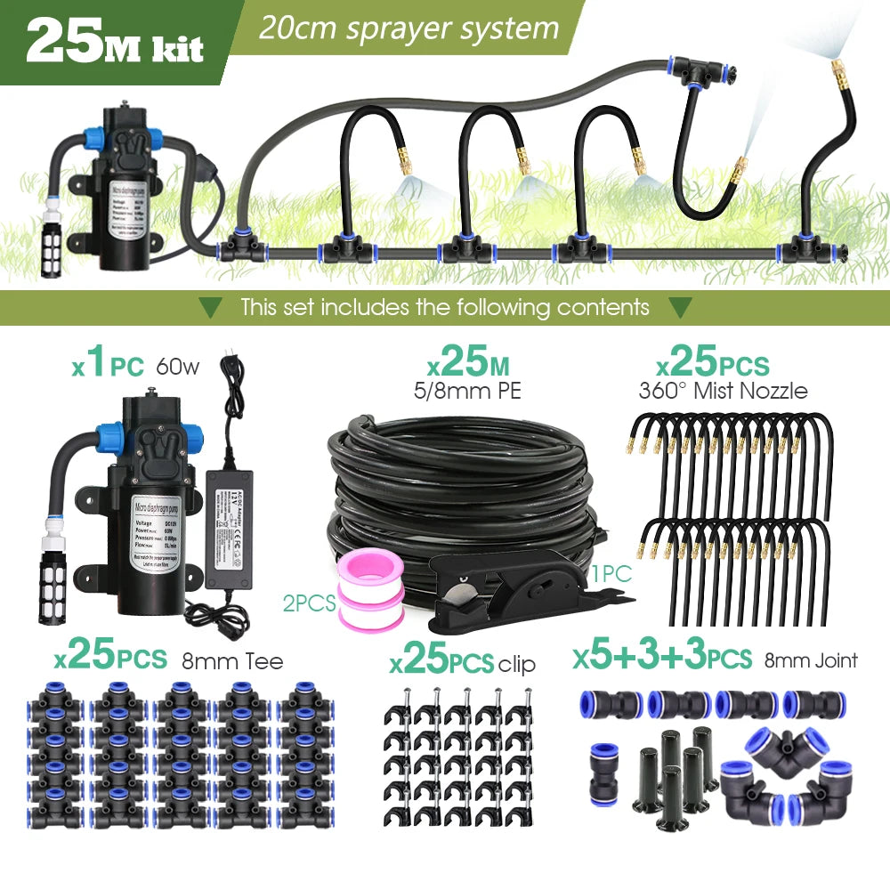 Black 8mm PE Hose 20cm Flexible Nozzle Misting Watering System 45/60/80/100W Self-priming Pump Adjustable Sprayer Kit for Garden