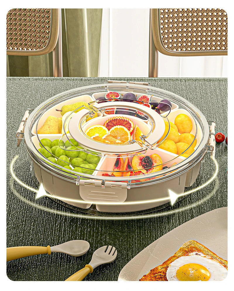 Rotating Snack Tray with Lid and Handle Fruit and Vegetable Tray Stackable Snack Box Containers Outdoor Party Snack Storage Box