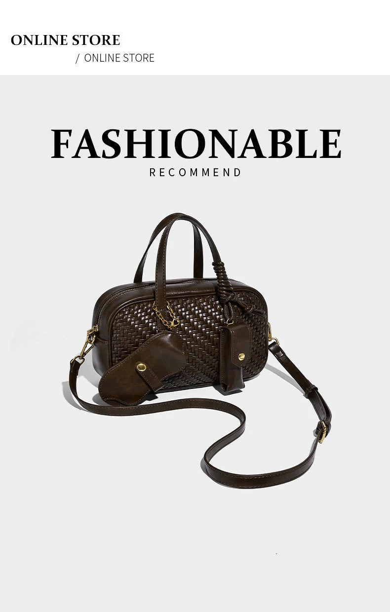 Women's Boston Bag 2025 Fall Winter New Woven Bowling Bag Unique Design Handheld Pack Trendy Light Luxury PU Leather Handbag