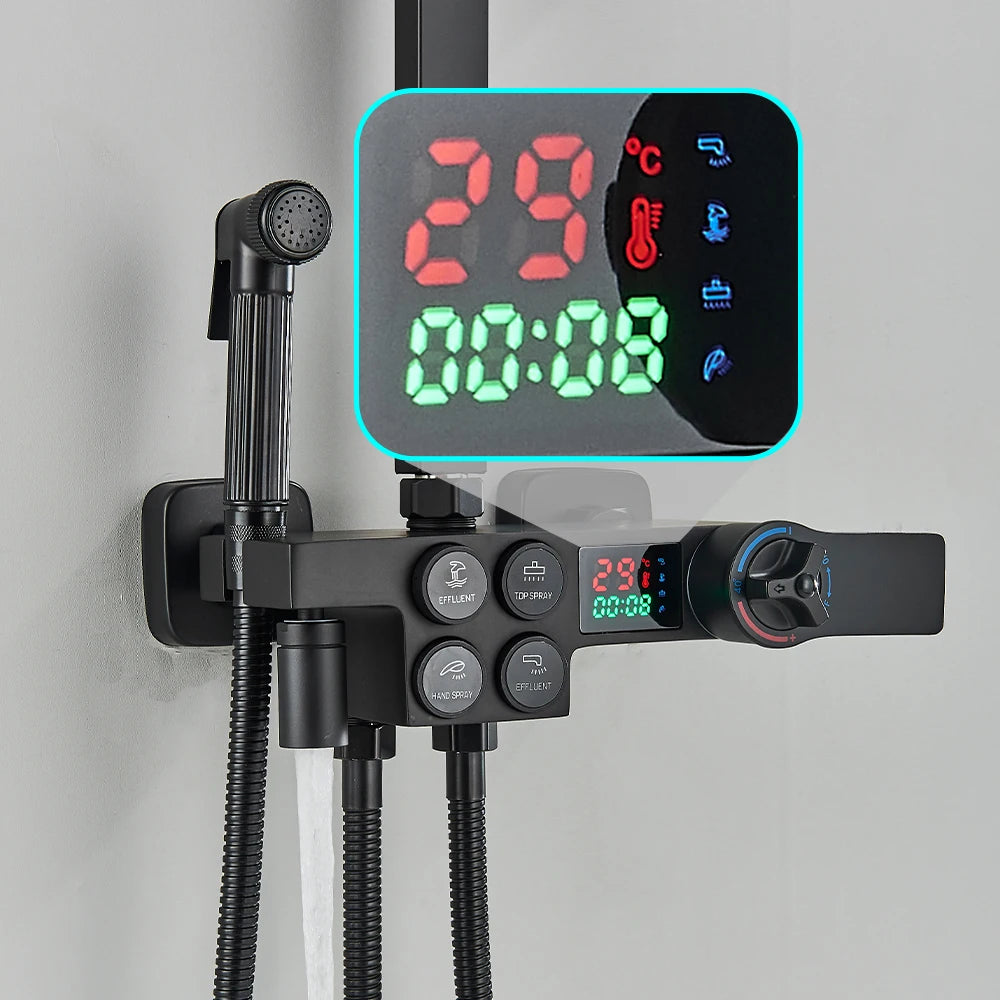 Black Display Thermostatic Shower Faucet Set Rainfall Bathtub Tap With Bathroom Shelf Water Flow Produces Electricity