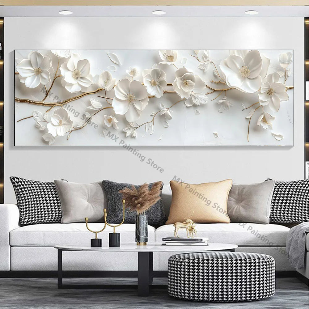 Abstract Floral Canvas Paintings,Modern Print White Flowers With Gold Branches And Leaves Posters,Nordic Living Room Decor Gift