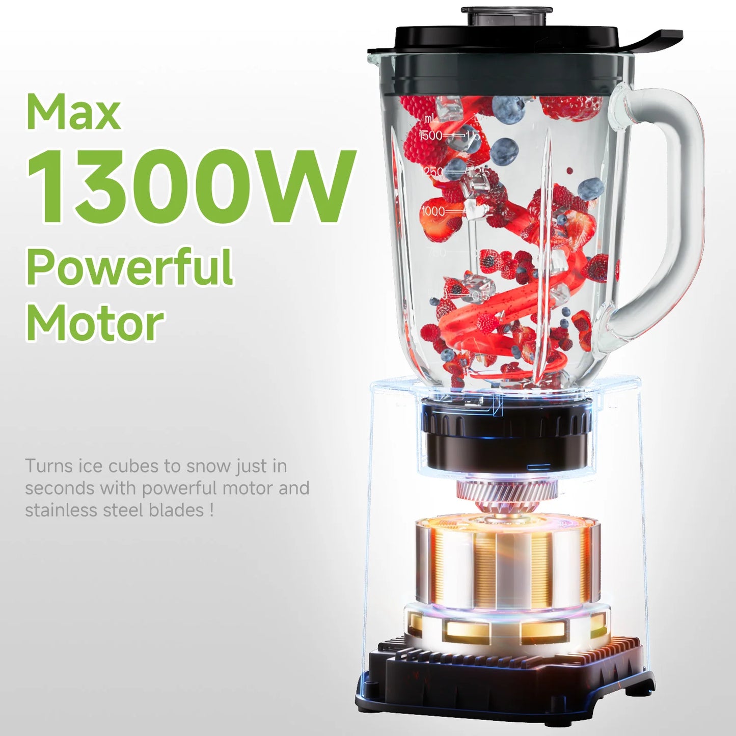 BioloMix 3-in-1 Smoothie Maker 1300W Personal Blender with Stainless Steel Blades Baby Food Grinder Juice Maker
