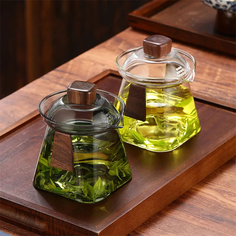 Bottom Mountain View Heat-resistant Glass Gaiwan Tea Tureen With Scald Proof Wood Chips Kung Fu Tea Set Tea Cup and Bowl Teaware