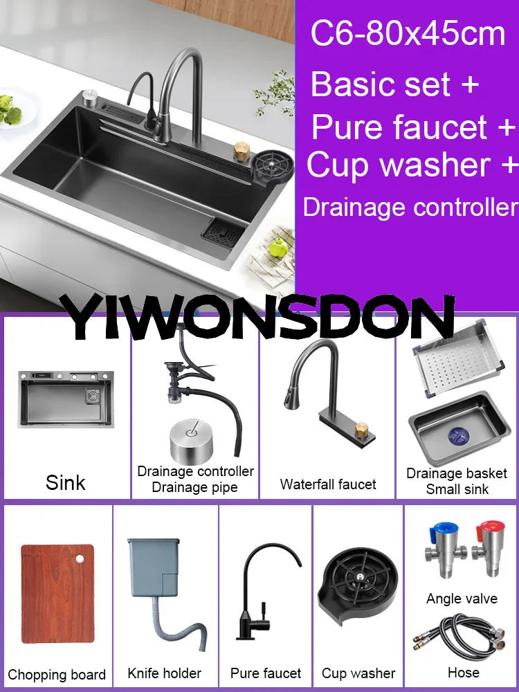 Multifunction Black Nano Kitchen Sink Waterfall Faucet Large Single Bowl Cup Washer Pure Tap Soap Dispenser 304 Stainless Steel