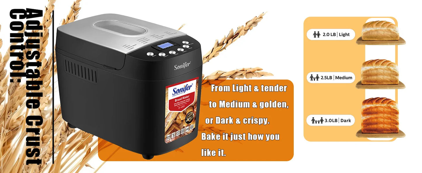 Sonifer 1500g Automatic Bread Maker SF-4025, Dual Kneading Hooks, 15 Programs, 15H Timer, 3 Crust Settings, Keep Warm