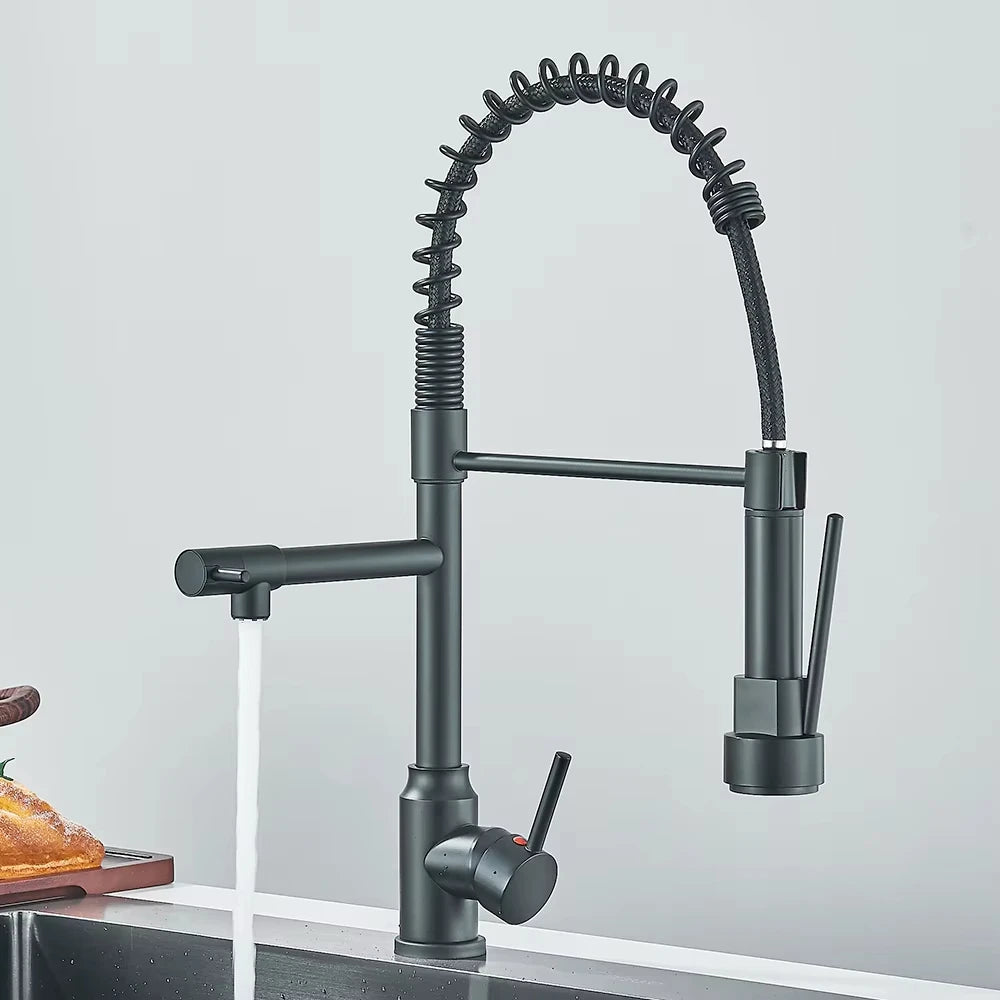Grifo de cocina extraíble de resorte plateado/negro, mezclador monomando de agua fría y caliente, grifo de doble caño