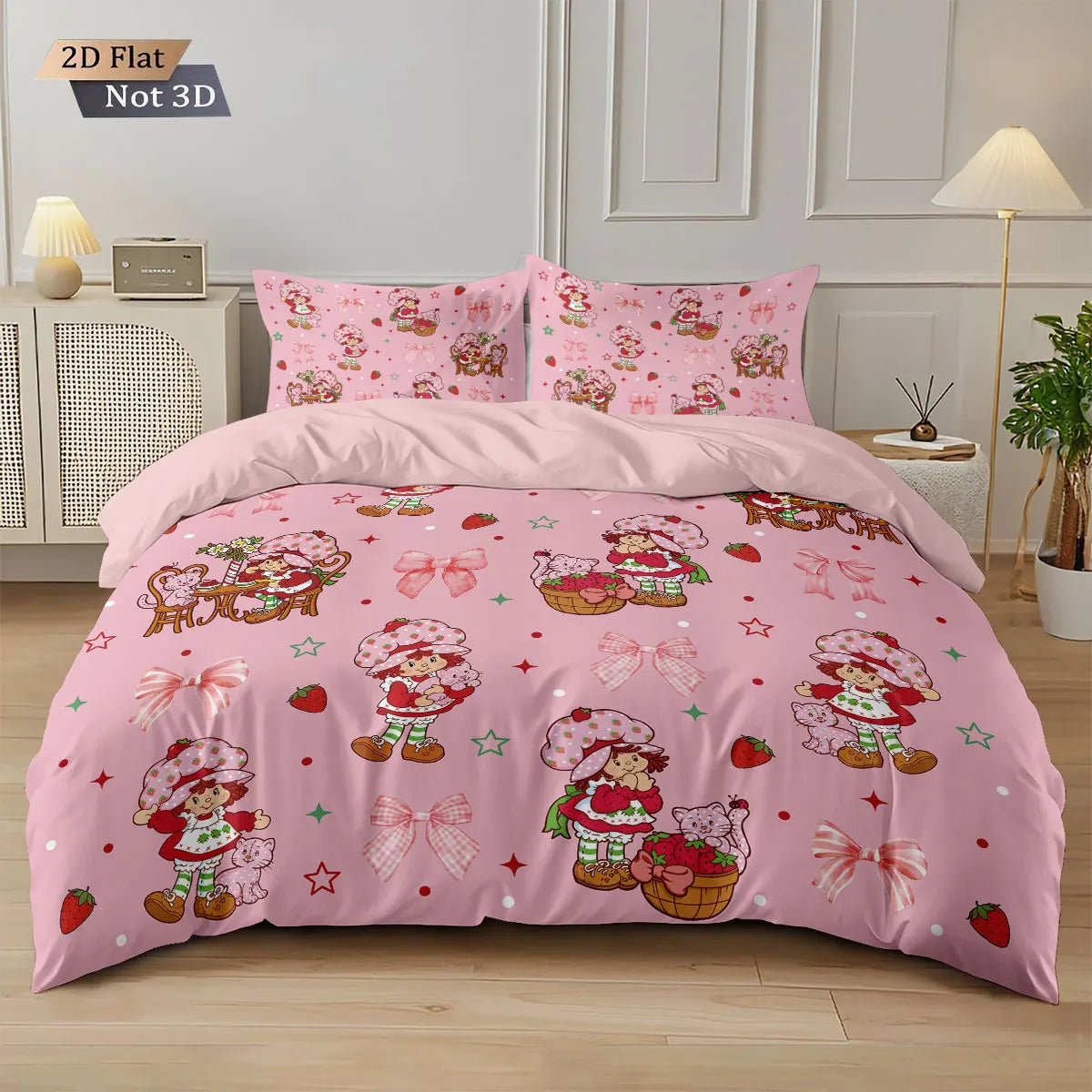 3pcs Pink Strawberry Girl Printed Down Duvet Cover Set, Multi Size Bedroom Bedding Decoration, Machine Washable