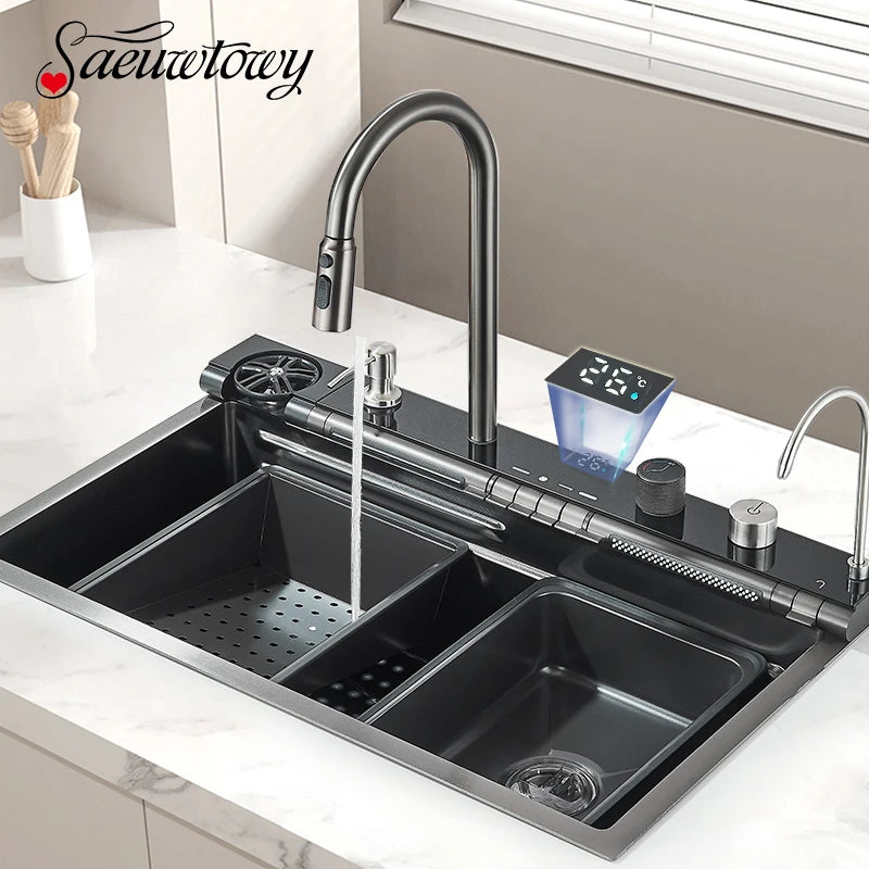 304Stainless Steel Large Single Bowl Waterfall Kitchen Sink with Integrated Digital Display Faucet Soap Dispenser and Cup Washer