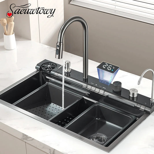 304Stainless Steel Large Single Bowl Waterfall Kitchen Sink with Integrated Digital Display Faucet Soap Dispenser and Cup Washer