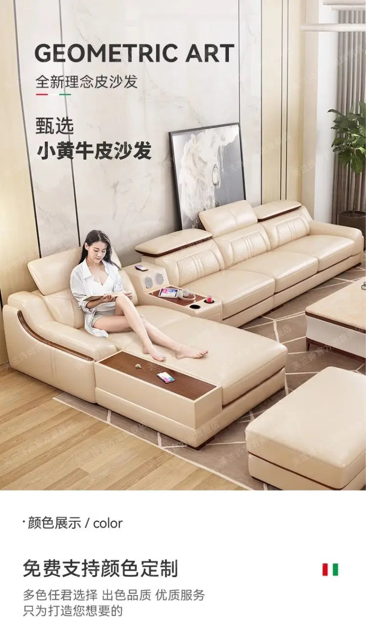 custom. [Official Genuine] Fulansige Leather Sofa Light Luxury Solid Wood Simple Small Yellow Cowhide Corner Small Apartment Cha